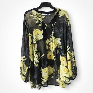 Susan Graver Floral Sheer Blouse Black Yellow Roses Long Sleeve Casual 1X.